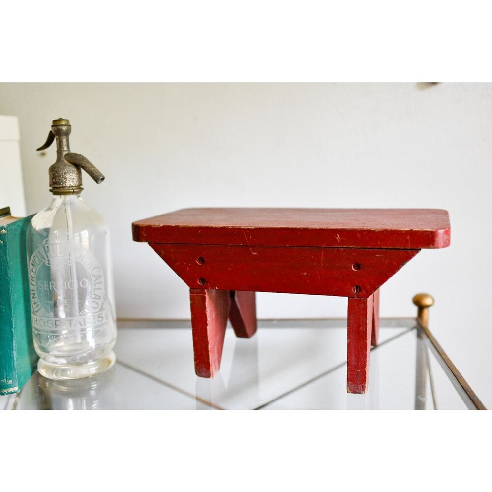Vintage Farmhouse Red Wood Rustic Primitive Footstool 12" Cabin Core Decor